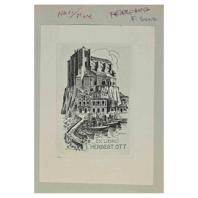 Julio F. Sàez, Ex Libris Herbert Ott, Etching, Mid 20th Century For Sale