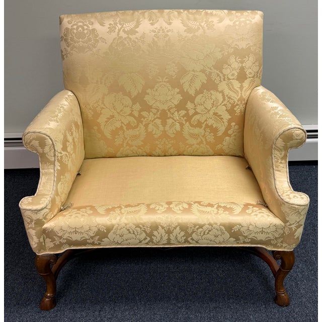 Mid 20th Century Damask Upholstered Oversized Chair / Petite Settee For Sale - Image 4 of 12