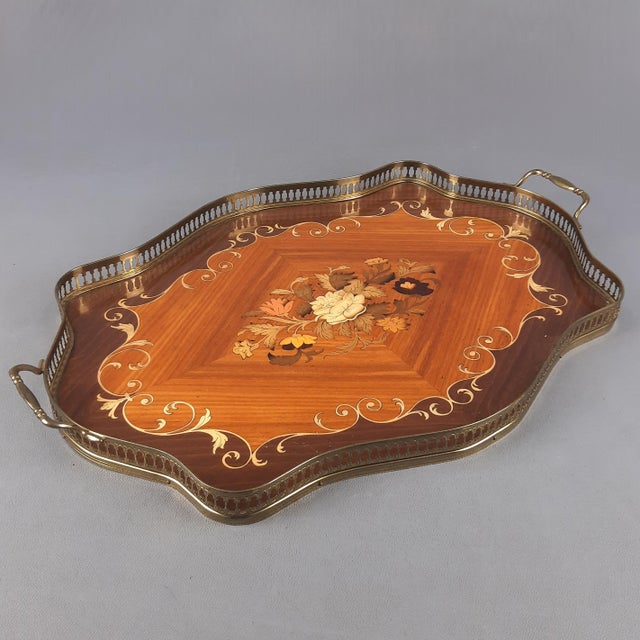 Wooden Tray with Floral Inlay and Brass Frame, 1970s For Sale - Image 12 of 12