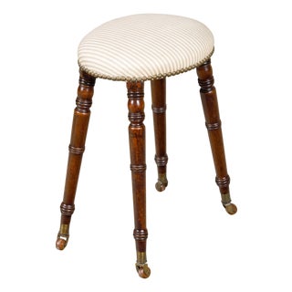 English Turned Oak 19th Century Stool on Casters with Oval Upholstered Seat For Sale