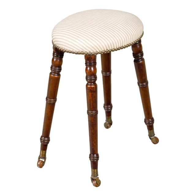 English Turned Oak 19th Century Stool on Casters with Oval Upholstered Seat For Sale