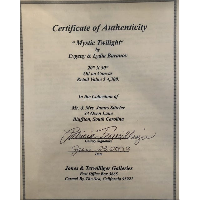 Textile Lydia and Evgeny Baranov "Mystic Twilight" Painting of Carmel Mission, Framed For Sale - Image 7 of 11