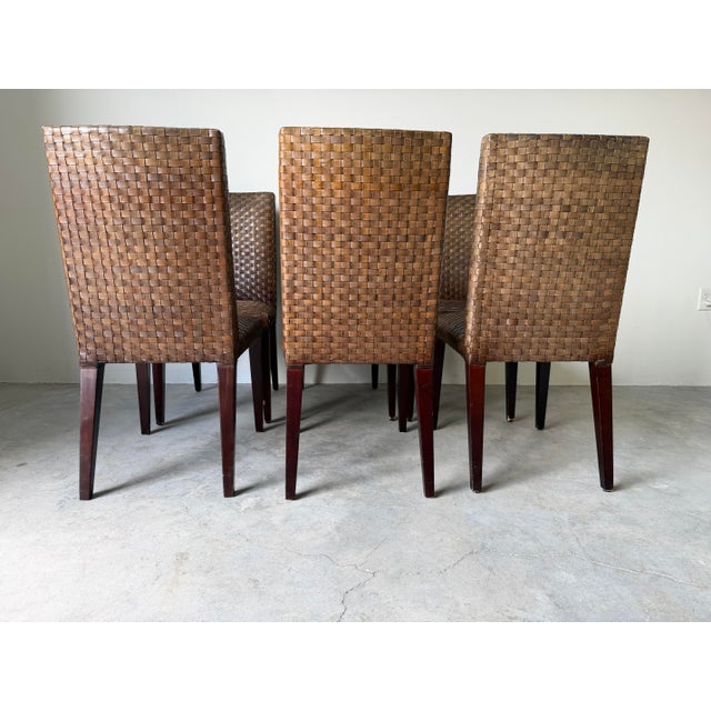 Brown 1980’s Italian Woven Leather Dining Chairs by Stone International – Set of 6 For Sale - Image 8 of 12
