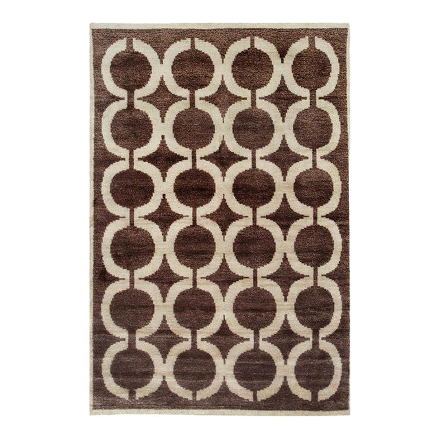 6x9 Brown Hand-Knotted Wool Bamboo Silk Linked Circles Design Tribal Carpet Rug For Sale