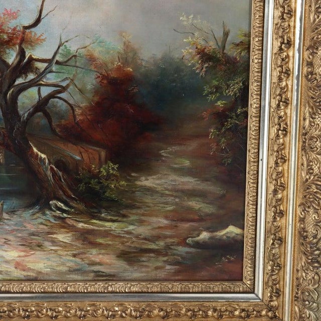 Antique Hudson River School Oil On Canvas Painting Of A River Scene C1900 Measures - 25 1/4" x 41 3/4" x 3 3/4" This...