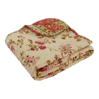 Vintage French Boutis Throw Quilt, Hand-Printed Garden Roses & Stripe Reverse, Scalloped Edge, Paris Flea Market, Circa 1950s For Sale