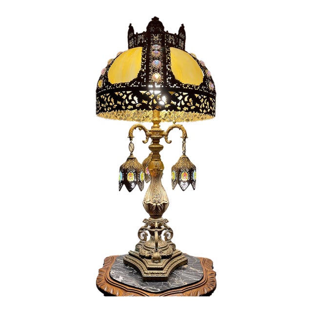 Monumental Vintage Jeweled Slag Glass & Filigree Table Lamp With Three Hanging Lanterns, 44" For Sale