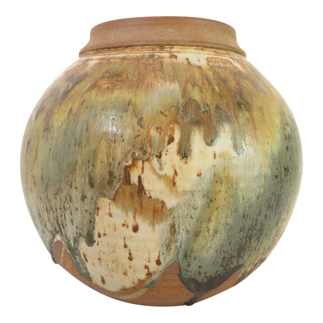 Vintage Eugene Johnson 12" Studio Art Pottery Spherical Vase ~ Drip Glaze Stoneware Planter Pot For Sale