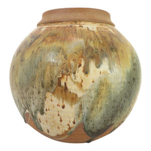 Vintage Eugene Johnson 12" Studio Art Pottery Spherical Vase ~ Drip Glaze Stoneware Planter Pot