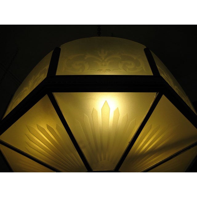 Art Deco Nickel-Plated Etched Glass Chandelier For Sale - Image 4 of 6