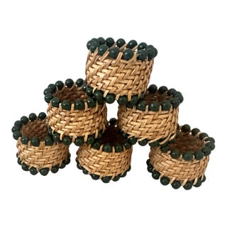 Set of 6 Beaded Rattan Napkin Rings For Sale