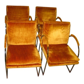 Mid Century Modern Erwin Lambeth Orange Velvet Arm Chairs- Set of 4 For Sale
