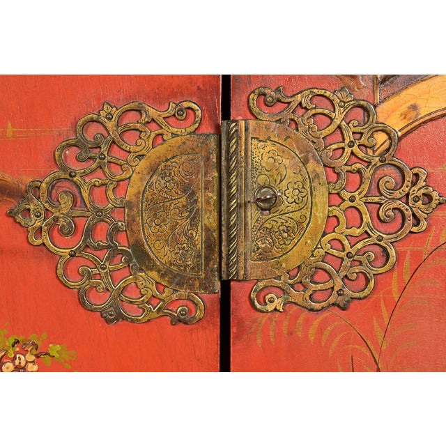 Red Hollywood Regency Chinoiserie Red Lacquered Hand Painted Bookcase or Bar Cabinet, Circa 1920s For Sale - Image 8 of 17