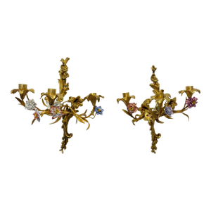 Pr, French Rococo Revival Gilt Bronze Sconces With Porcelain Flowers, 19th C