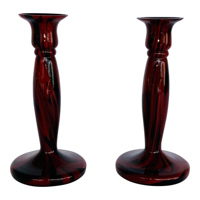 Vintage 1930’s Czech Kralik Red an Black Swirl Art Glass Candlesticks Pair For Sale