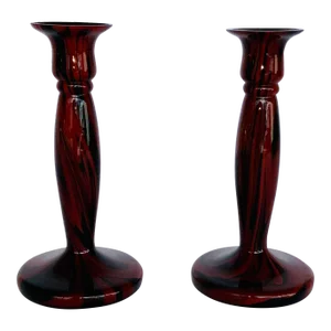 Vintage 1930’s Czech Kralik Red an Black Swirl Art Glass Candlesticks Pair