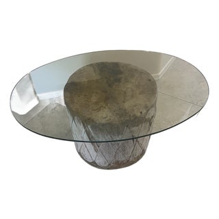 Vintage Native American Indian Wood Rawhide Stretched Leather Drum and Glass Coffee Table For Sale