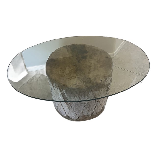 Vintage Native American Indian Wood Rawhide Stretched Leather Drum and Glass Coffee Table For Sale