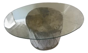Vintage Native American Indian Wood Rawhide Stretched Leather Drum and Glass Coffee Table