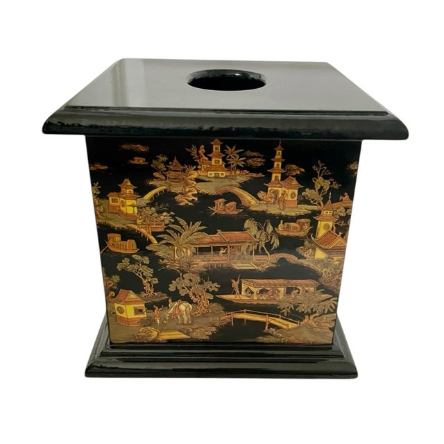 Chinese Black Lacquered Wood Tissue Box With Landscape Scenes. Chinoiserie For Sale - Image 4 of 7