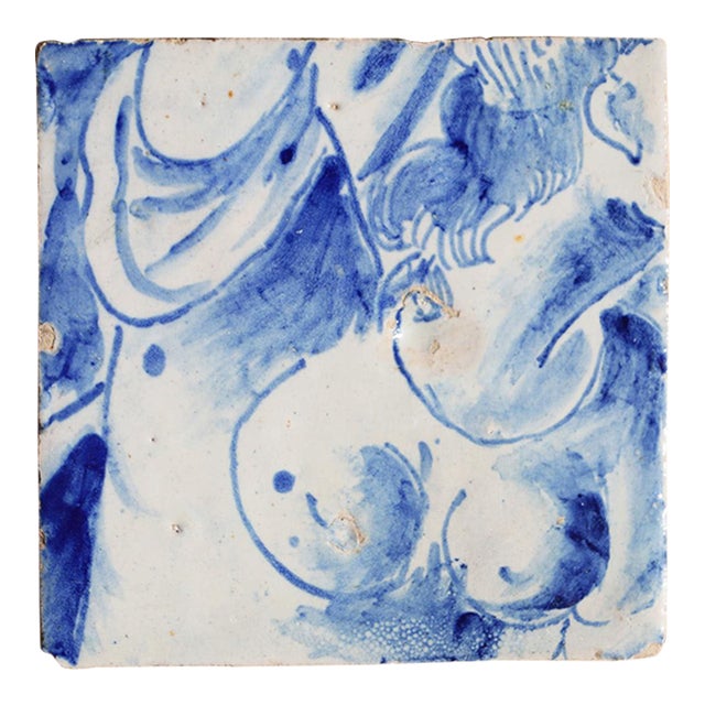 Antique 18th Century Blue and White Portuguese Tile Depicting a Woman Torso For Sale