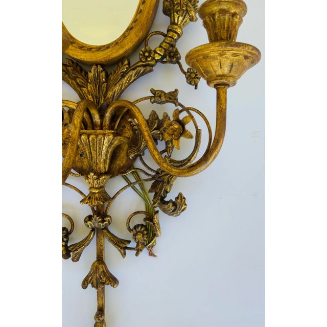Wood Myran Allan Luxury Lighting Italian Gold Carved Wood and Mirror Wall Sconces Pair For Sale - Image 7 of 9