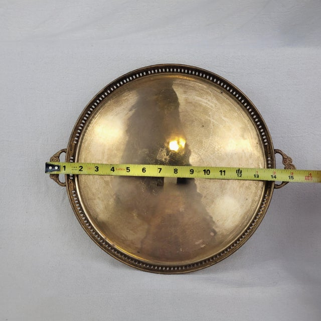 Mid 20th Century Vintage Round Brass Gallery Serving Tray Pierced Sides and Floral Handles For Sale - Image 5 of 6