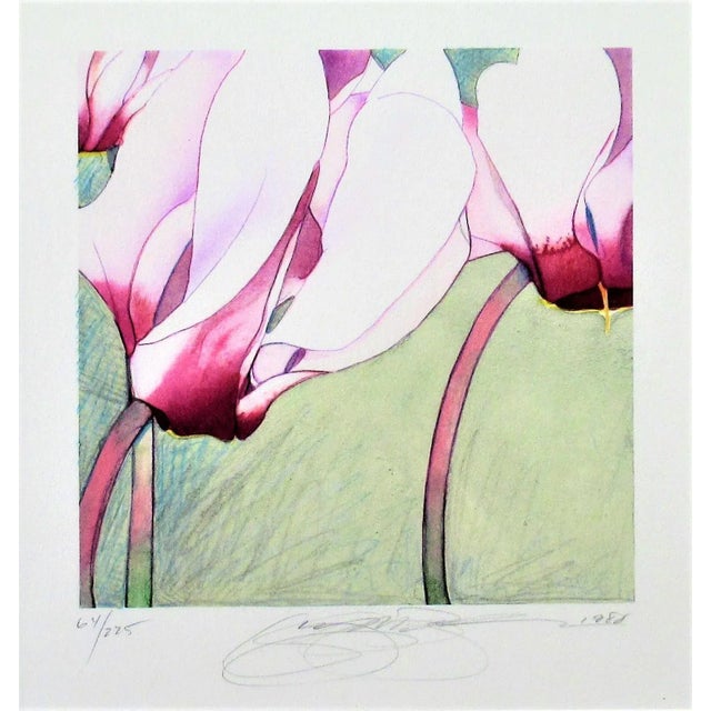This artwork titled "Cyclamen" 1985 is a original color lithograph on Arches paper by noted American artist Gary Bukovnik,...