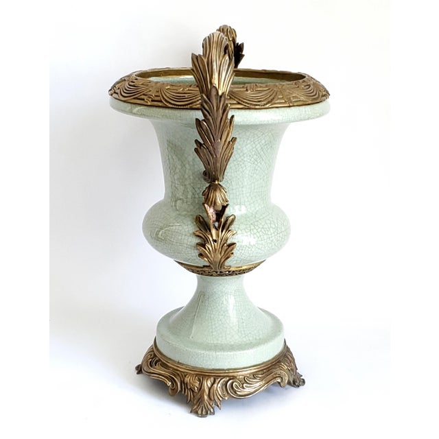 1970s Vase Celadon Green Crackle & Ormolu - Extra Large For Sale - Image 5 of 12