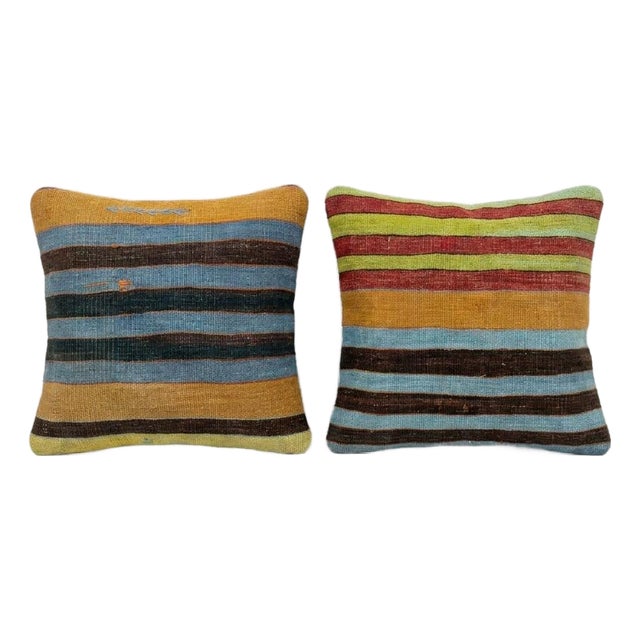 Bohemian Turkish Kilim Rug Pillow Cover 20'' X 20'' - Set of Two For Sale