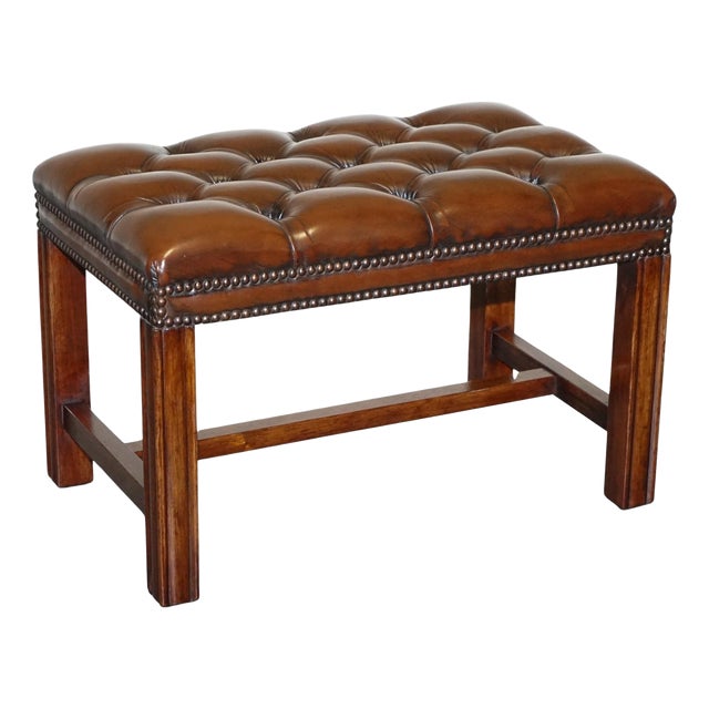 Vintage Chesterfield Hand Dyed Brown Leather Tuffed Footstool For Sale