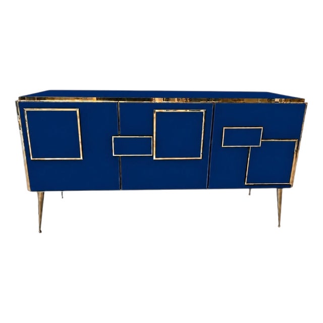 Three-Door Italian Sideboard in Sapphire Blue Glass and Brass from Justfurnituress SRL For Sale
