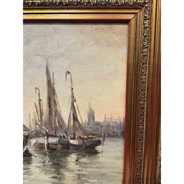 20th Century Oil Painting "Ships in Harbor" For Sale - Image 4 of 9