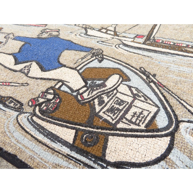 Vintage Signed "Mermade" Fisherman Boat Painting on Hook Latch Rug ~ Nantucket Art For Sale In Seattle - Image 6 of 11