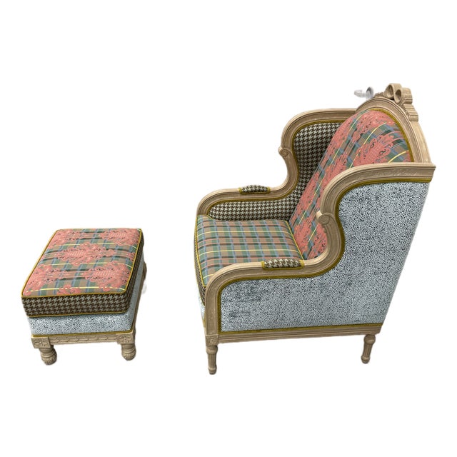 Attributed to MacKenzie-Childs Inverness Wing Chair With Ottoman For Sale