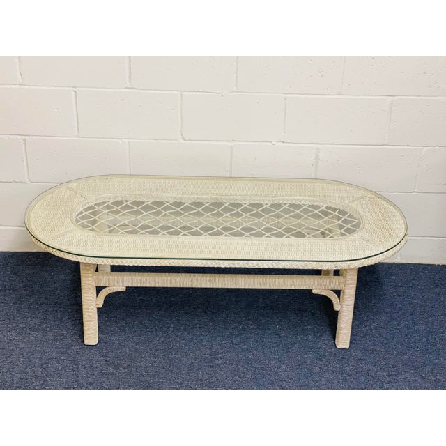 Late 20th Century Late 20th Century Vintage Oval White Wicker Coffee Table With Glass Top For Sale - Image 5 of 7