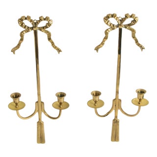 Vintage Brass Bow and Tassel Wall Sconce Candle Holder Pair For Sale