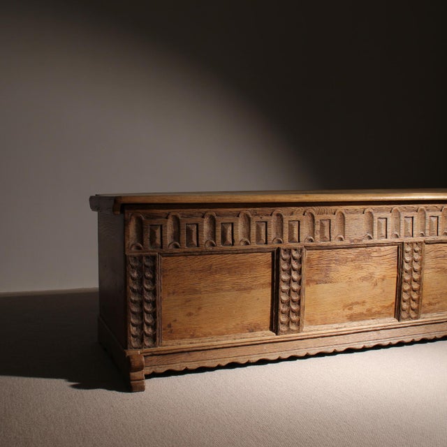 German Handcrafted Oak Chest with Rustic Carvings For Sale - Image 5 of 17