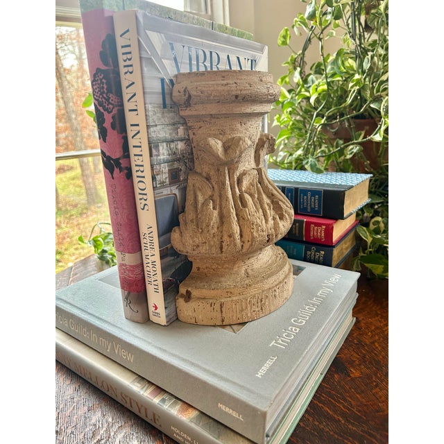 Rustic European Vintage Faux Concrete Acanthus Leaf Distressed Bookends - A Pair For Sale - Image 3 of 10