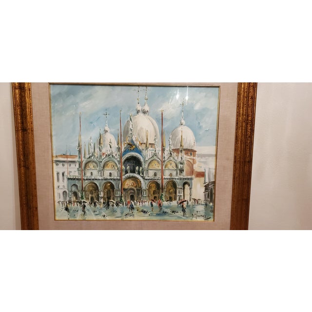 Oil painting on canvas depicting St. Mark's Square and St. Mark's Basilica, 1940/1950, with beautiful colours, very...