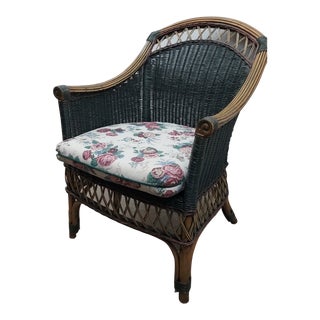 Late 20th Century Vintage Rattan and Green Wicker Chair With Cushion For Sale