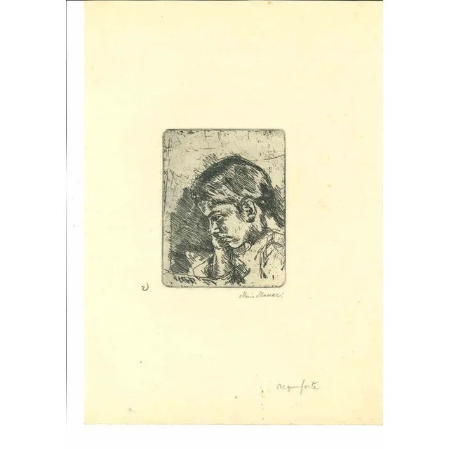 Portrait of Girl is an original Etching realized by Mino Maccari in mid-20th century. Good condition on a yellowed paper....