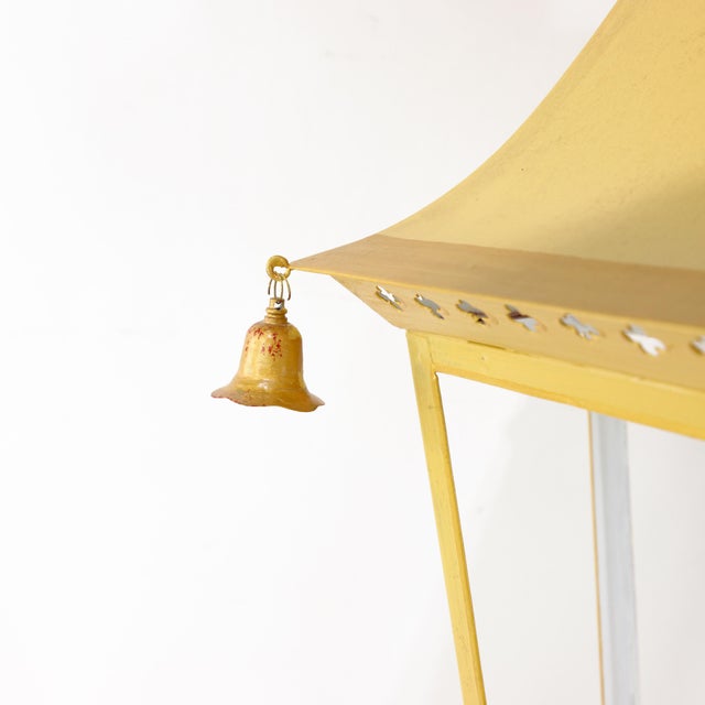 Early 21st Century Vintage Chinoiserie Yellow Tole Hanging Lantern Chandelier With Brass Bells For Sale - Image 5 of 13