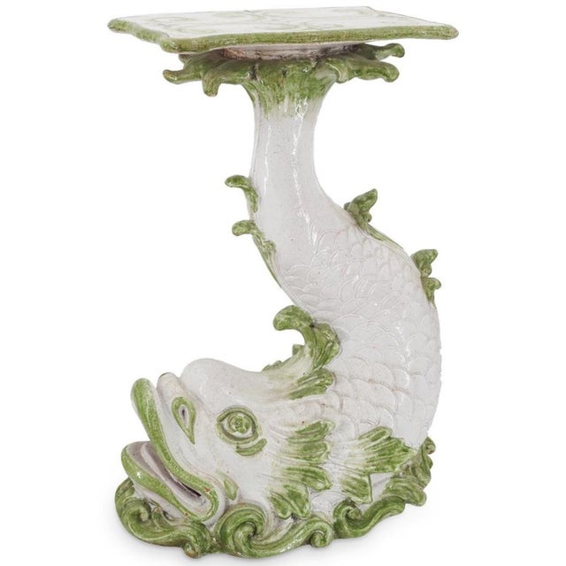 Stunning Green and White hand-painted Italian Ceramic side table or pedestal. The fish or dolphin motif is a popular icon...