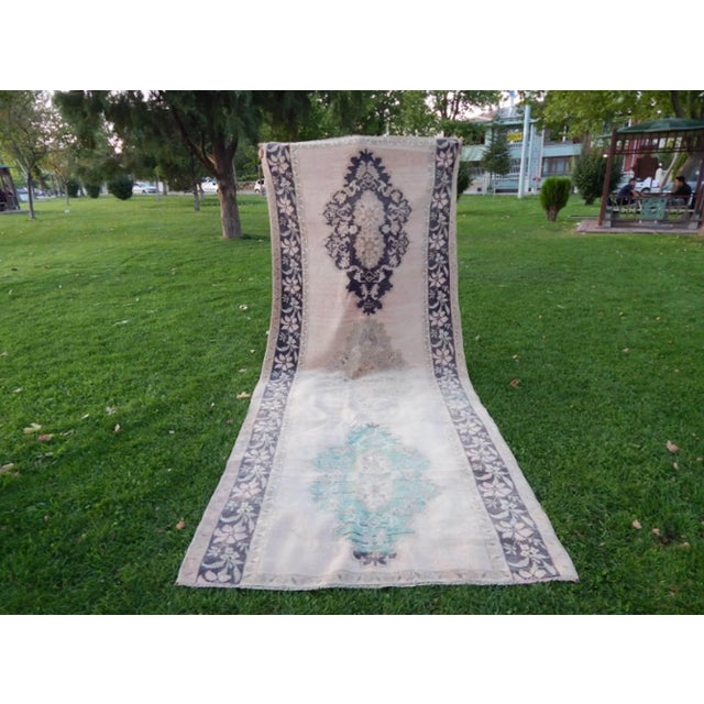 Tribal Geometric Distressed Kars Wool Oushak Runner For Sale - Image 3 of 13