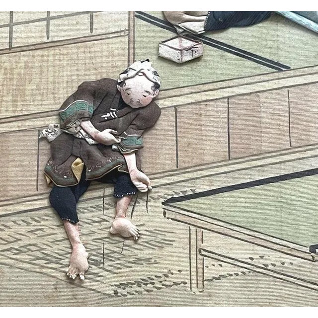 Beige Framed Japanese Oshi-E Textile Art Meiji Period from a Large Set For Sale - Image 8 of 9