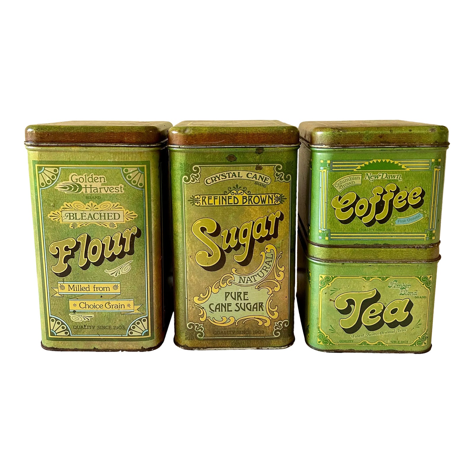 1970's Olive Green and Copper Stackable Tin Kitchen Canisters by