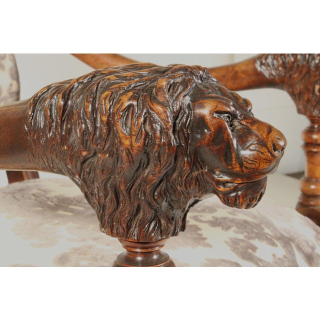 Green Pair of Louis XIV Style Walnut Armchairs With Lion Carved Arms For Sale - Image 8 of 12
