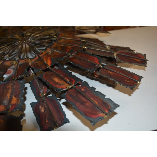 Brutalist Brass / Copper Colored Metal & Iron Jere Style Circular Windmill Wall Hanging Art For Sale - Image 11 of 13