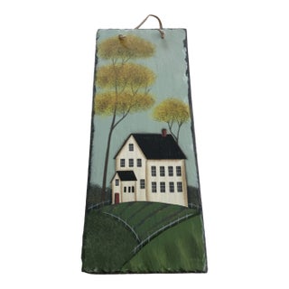 Vintage Hand-Painted Slate Tile Featuring a County Manor House For Sale
